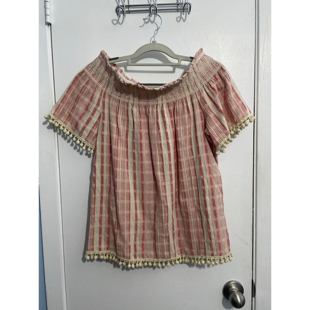 Antibes Blanc Blouse Small Pink Striped Textured Off The Shoulder Fringe Boho